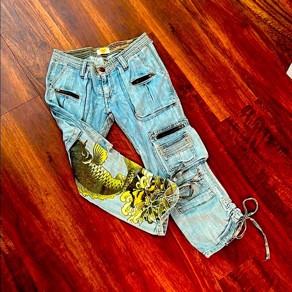 Y2K Antik Denim RARE Hand Painted Koi Fish Cropped Jeans